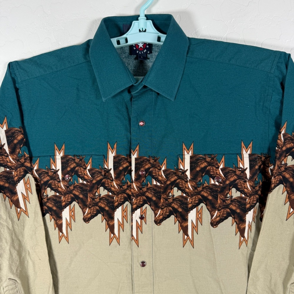 Vintage Panhandle‎ Slim Shirt Mens Large Pearl Snap Western Horse Aztec Cowboy